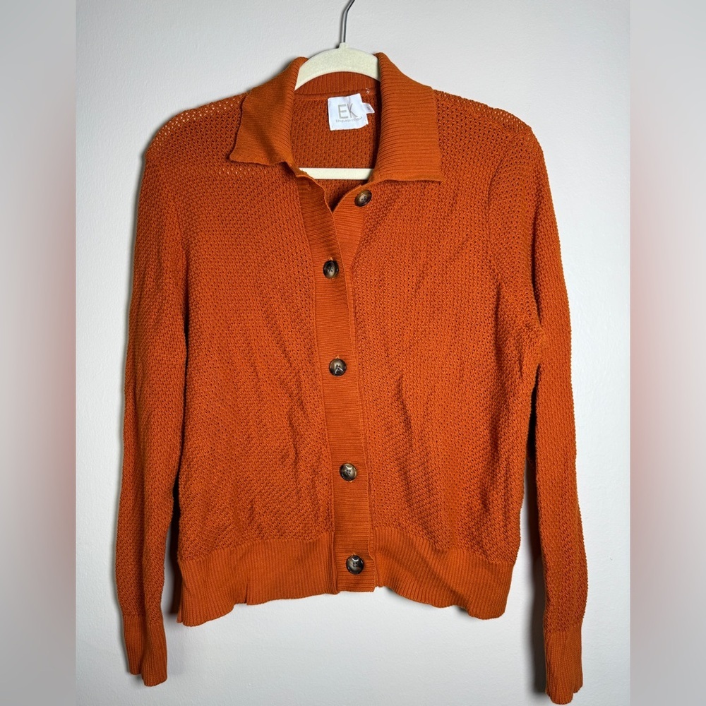 EDINBURGH KNITWEAR Burnt Orange Mesh Knit Jacket Collared Cardigan Sz M